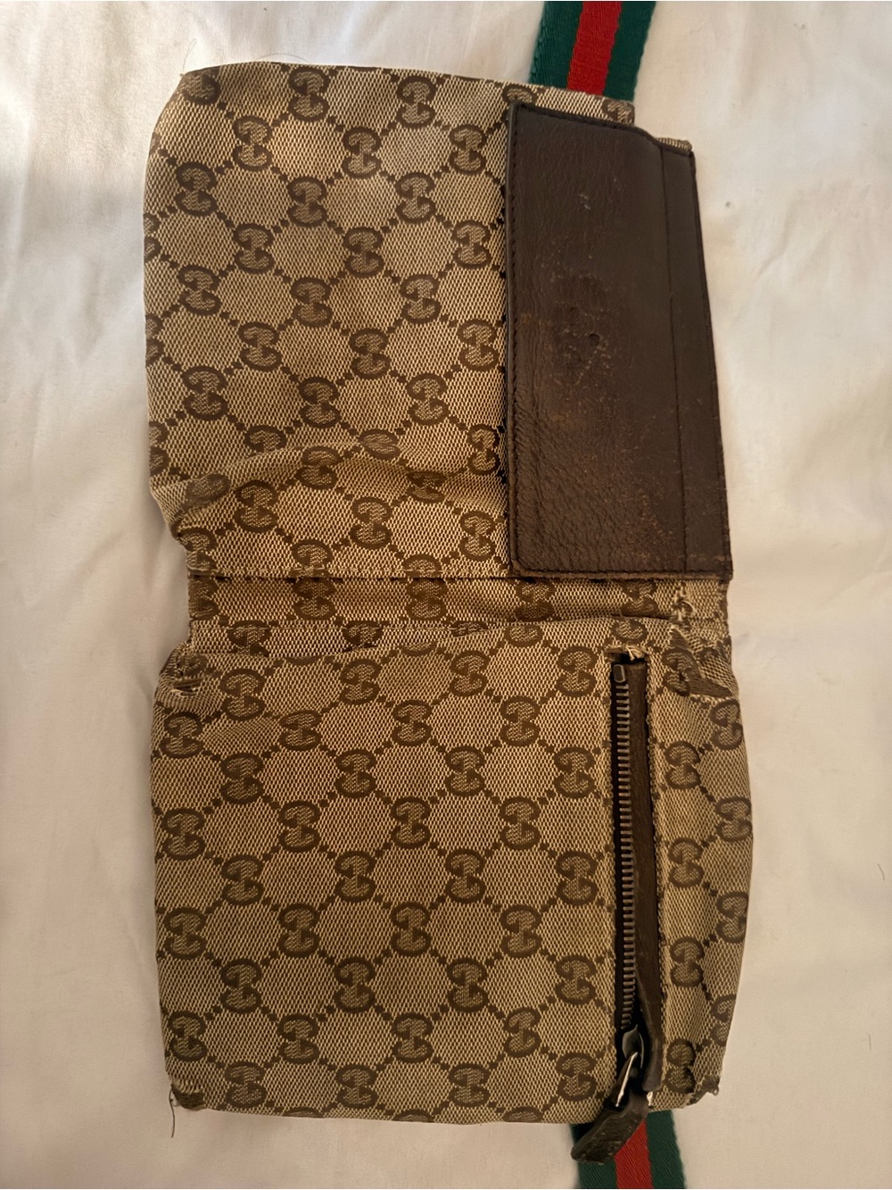 Gucci Brown Monogram Canvas Crossbody Pouch with Green-Red Strap